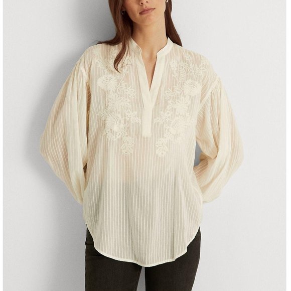 LAUREN RALPH LAUREN Embroidered Rounded Hem Pinstripe Long Sleeve Top - NWT XXL - Picture 1 of 4